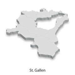 Obraz premium 3D Map of St. Gallen Canton, Switzerland - Administrative Divisions