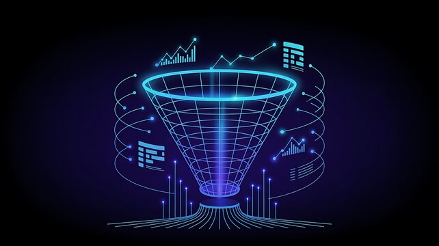 Abstract illustration of data flow shown by colorful funnel visualizations
