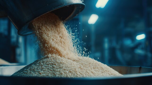 Fresh Cassava Flour Spilling from Grinder - Industrial Food Production