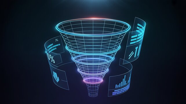 Abstract illustration of data flow shown by colorful funnel visualizations