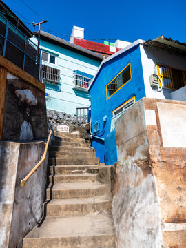 View of the colorful houses and concrete stairs in Gamcheon Culture Village, Busan, Busan, South Korea.