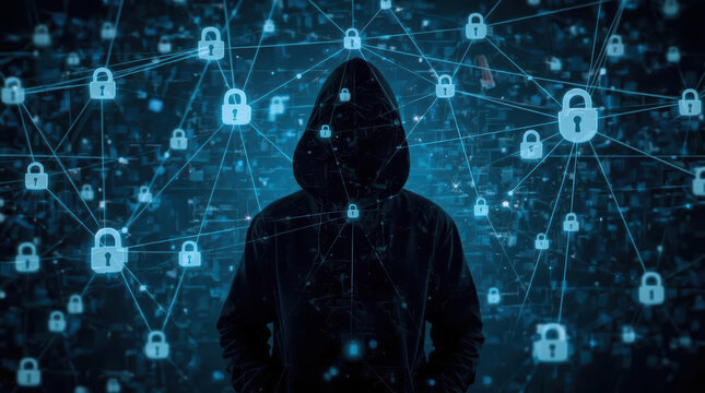 Hooded silhouette cyber fraud network with digital lock protection concept