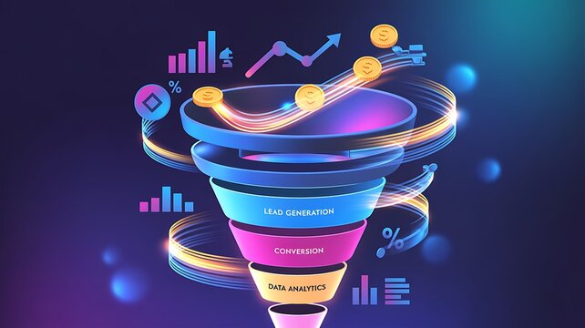 A funnel shape, glowing with energy, showing the sales funnel process from lead to conversion.