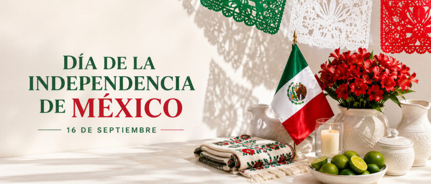 Mexico Independence Day celebration setup with decorative papel picado and national flag