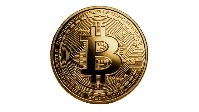 Shiny golden Bitcoin cryptocurrency coin with intricate circuit board pattern, isolated on transparent background