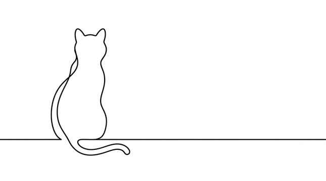 Continuous line drawing of a sitting cat silhouette on a solid white background surface with horizontal surface against minimalist single line