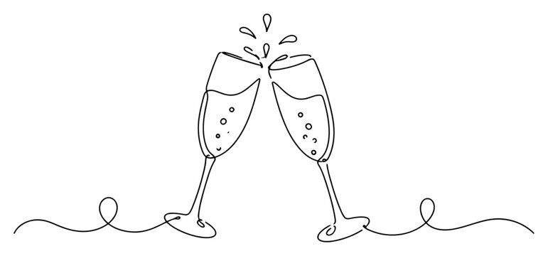 Two champagne flutes toasting with sparkling wine splashes in continuous line art style