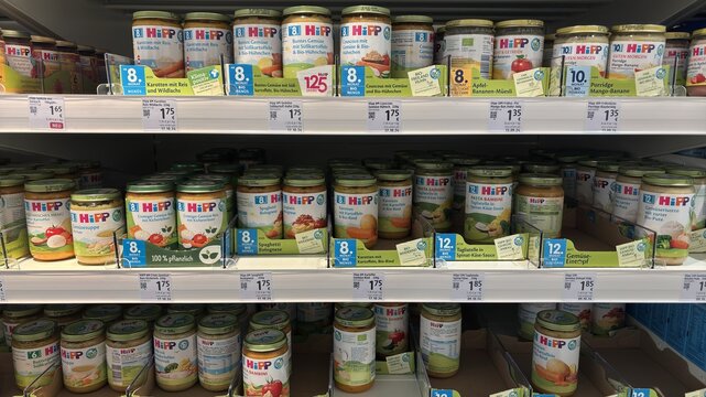 Duisburg, Germany - January 28, 2025: View of Hipp Baby Food in a Shelf of a dm Store