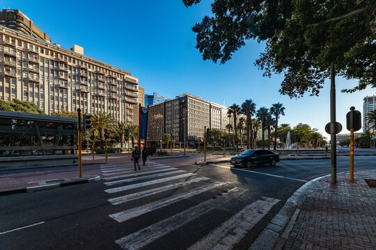 View of a city street in Cape Town with a crosswalk, modern office buildings, lush trees, and a fountain in the background under a clear blue sky, Cape Town, Western Cape, South Africa.