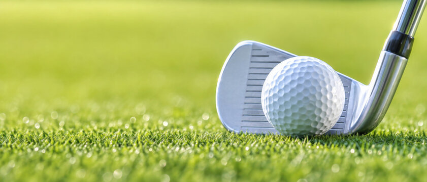 Golf club and ball on green grass, sport and recreation background