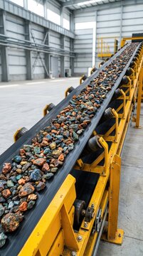 Industrial conveyor belts move excavated raw ore and crushed rock inside a massive processing plant for critical global mineral resource extraction, machinery, raw material, geological resources