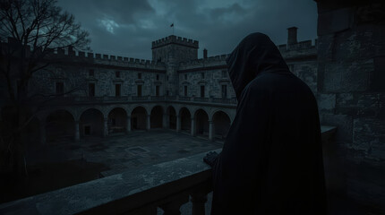 Obraz premium Dark historical castle courtyard with hooded figure viewing stone arches