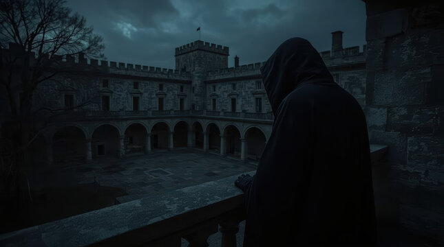 Dark historical castle courtyard with hooded figure viewing stone arches