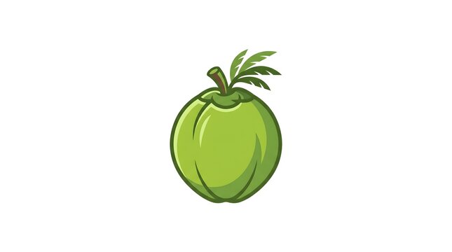 Vector illustration of a fresh green young coconut with stem and leaves isolated on a white background