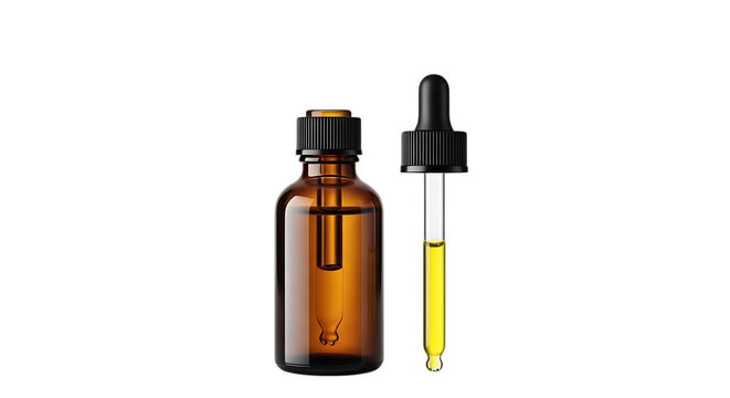 Amber glass dropper bottle and pipette isolated on transparent background