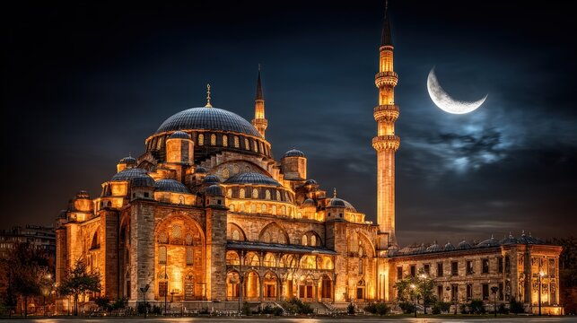 Glowing Mosque Dome and Minaret Under Starry Istanbul Sky