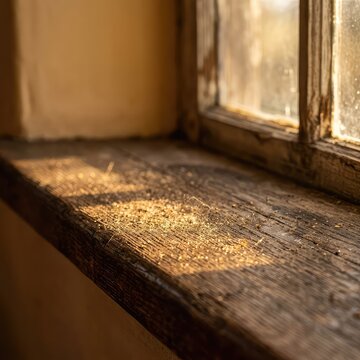 Warm golden hour sunlight backlights a layer of fine dust and particles resting on a worn, rustic wooden windowsill in an old room, hour, wooden, old