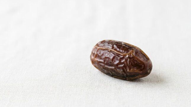 Single dried date fruit on white linen background. Close up of sweet medjool date. Healthy snack and Ramadan fasting food