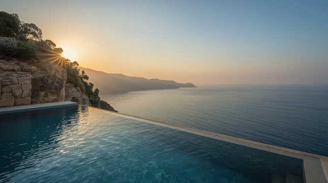 Infinity pool beside coastal villa overlooking calm sea sunset with mountain horizon and warm