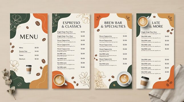 Four vertical coffee shop menu cards with floral illustrations and abstract shapes on a light wooden background surface