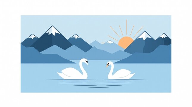 Peaceful Morning Lake with Swans and Mountain Landscape Vector Illustration