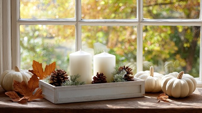 Elegant display of candles with colorful pumpkins and pinecones adds a cozy touch to the autumn season in a bright setting