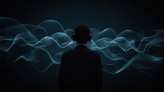 Anonymous listener dark silhouette facing luminous sound wave