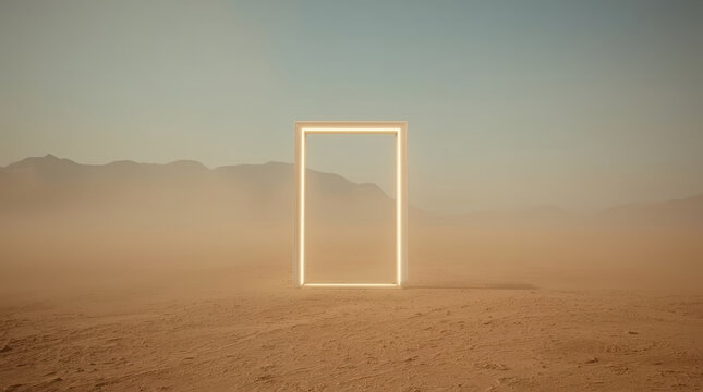 Luminous gateway in hazy desert landscape evokes mystery and imagined travel