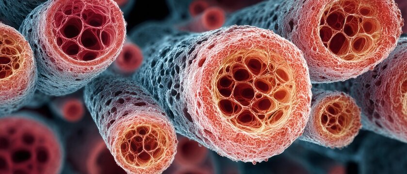 A microscopic 3D rendering of bundled biological fibers with porous cross-sections against a dark background.