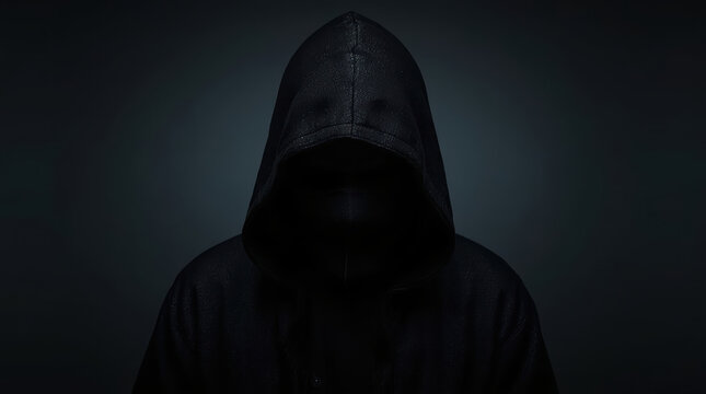 Hooded figure portrait in dark clothing creating mysterious atmosphere