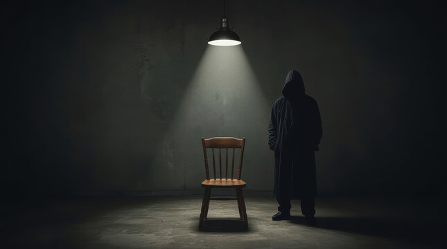 Hooded figure under spotlight beside wooden chair in dark room