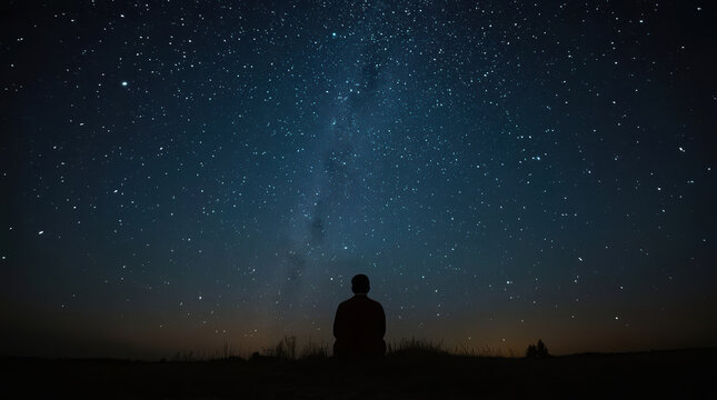 Person silhouette beneath starry sky expressing existential question