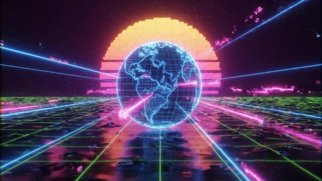 Retro synthwave 80s style digital earth landscape.