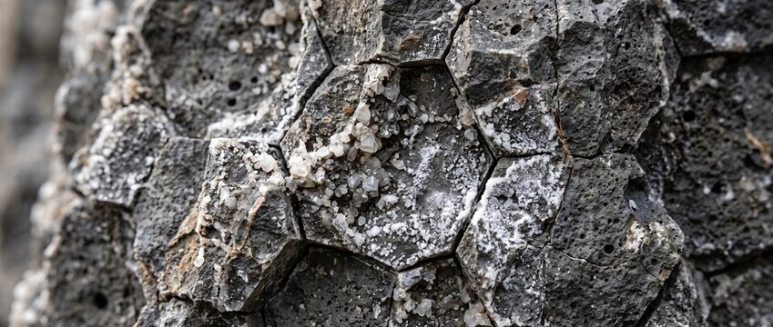 Natural hexagonal basalt stone formation with mineral salt crystals. Geological volcanic rock texture