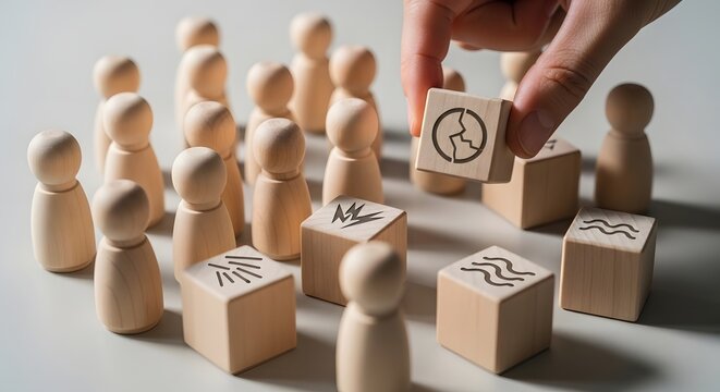 Highlighting environmental challenges within a community A hand places a symbolic cracked earth block among wooden figures, emphasizing collective responsibility for a sustainable future
