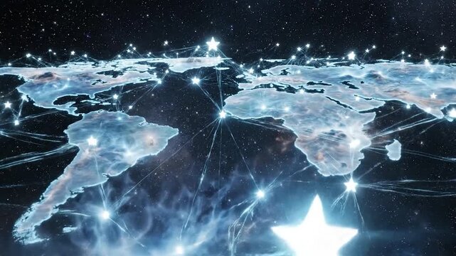 Digital world map with glowing network connections in space.