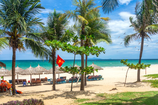 My Khe beach in Da Nang with palm trees, Vietnamese flag, thatched umbrellas, sun loungers, and birds flying over turquoise sea