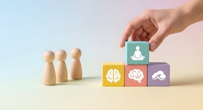 Hand carefully building blocks of mental well-being, fostering mindfulness, emotional intelligence, and self-care for personal growth and balanced psychological health
