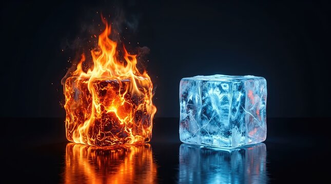 A burning fire cube and an icy blue cube rest side-by-side on a dark, reflective surface, representing extreme temperature and energy contrast, shape, two, graphic