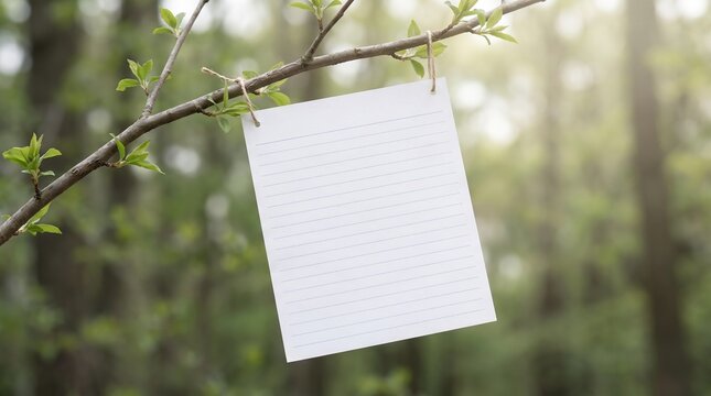 Blank lined paper sheet hanging with twine on tree branch with fresh spring leaves.