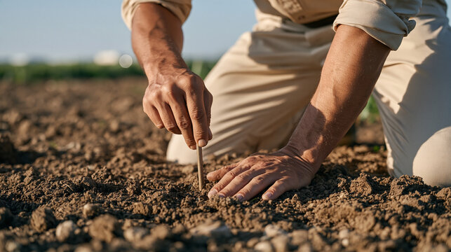 Scientist measuring soil temperature with probe in sweltering field during record summer heatwave, climate monitoring fieldwork agricultural research heat stress land degradation
