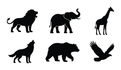 Obraz premium African Wildlife Silhouette Icons: Lion, Elephant, Giraffe, Wolf, Bear, Eagle Vector Set
