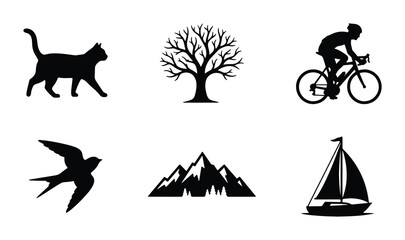 Fototapeta premium Black Silhouette Icons: Cat, Tree, Cyclist, Bird, Mountains, Sailboat Vector Set
