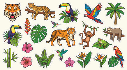 Obraz premium Tropical Jungle Animals and Exotic Plants Illustration Collection