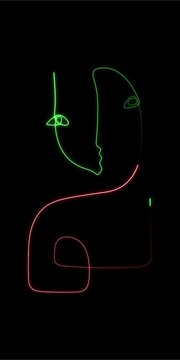 Abstract neon line art portrait of a human face created with glowing green and red light trails on a dark black background for modern design