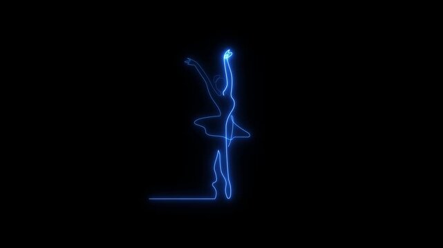 Glowing neon ballerina silhouette performing a dance pose as a digital ballet dancer light art animation isolated on a black background
