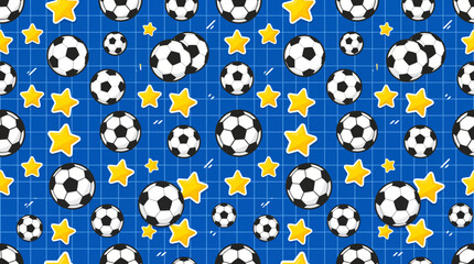 Obraz premium Seamless Soccer Ball and Star Pattern on Blue Grid Background