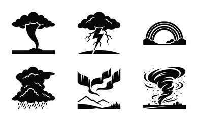 Obraz premium Weather Icons Set: Tornado, Lightning Storm, Rainbow, Rain Cloud, Aurora Borealis, Cyclone