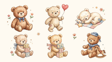 Obraz premium Adorable Watercolor Teddy Bear Collection for Baby Shower and Children's Designs, Cute Nursery Illustrations Set