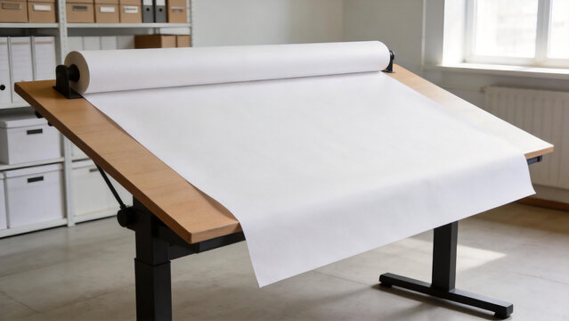 Large roll of white paper on drafting table in office